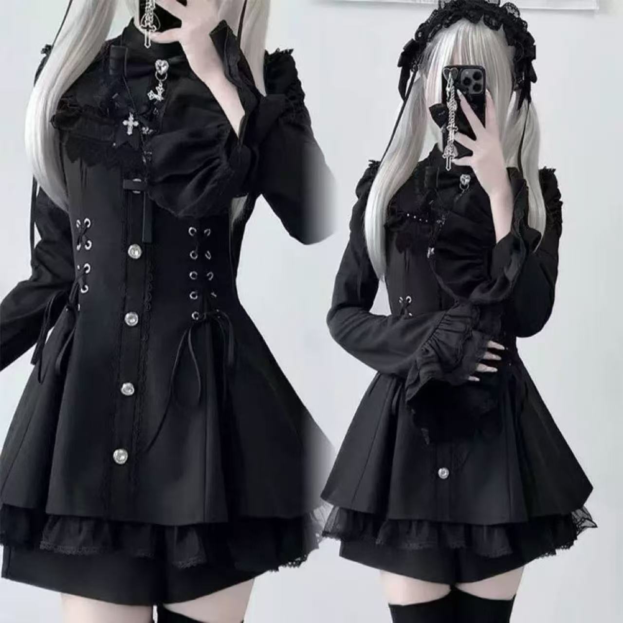 甘ロリータ トランペットスリーブ・黒白ロングドレス