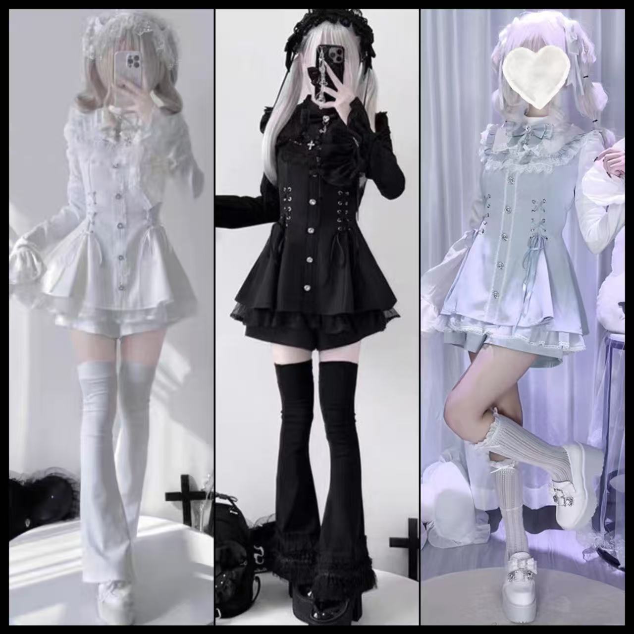 甘ロリータ トランペットスリーブ・黒白ロングドレス