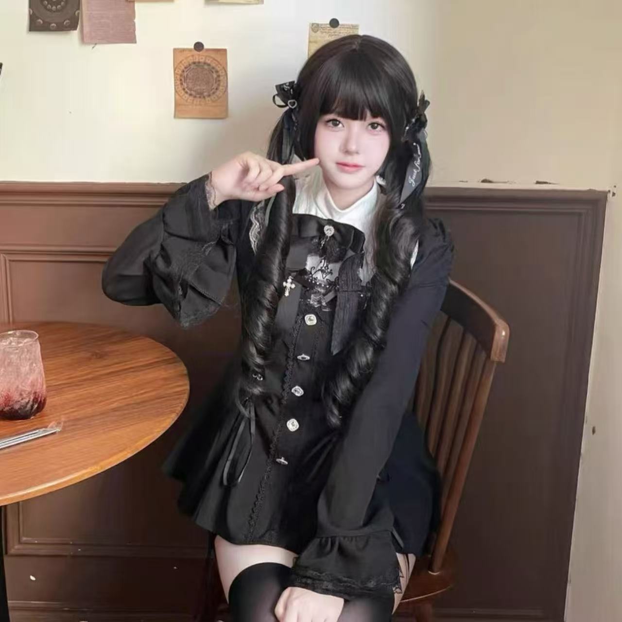 甘ロリータ リボン長袖ドレス&スカートセット