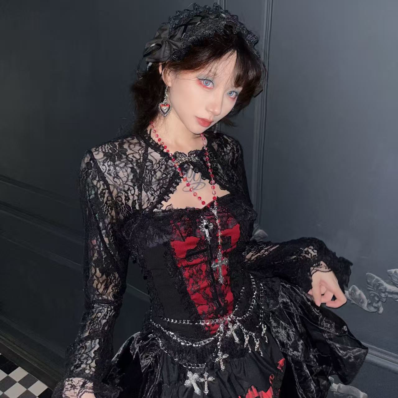 ゴスロリ ダークローズレーストップ&ウエストチェーンスカートセット