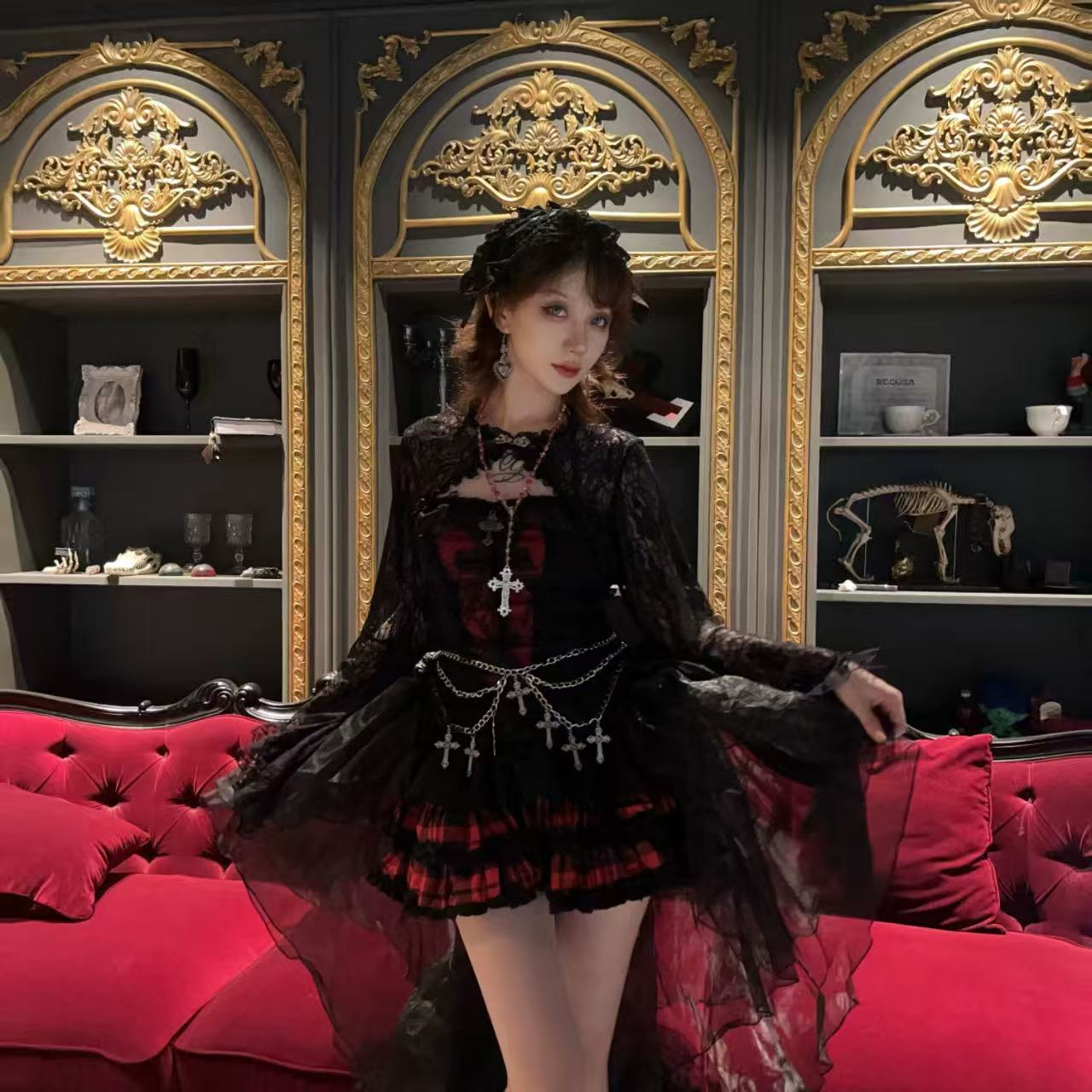 ゴスロリ ダークローズレーストップ&ウエストチェーンスカートセット