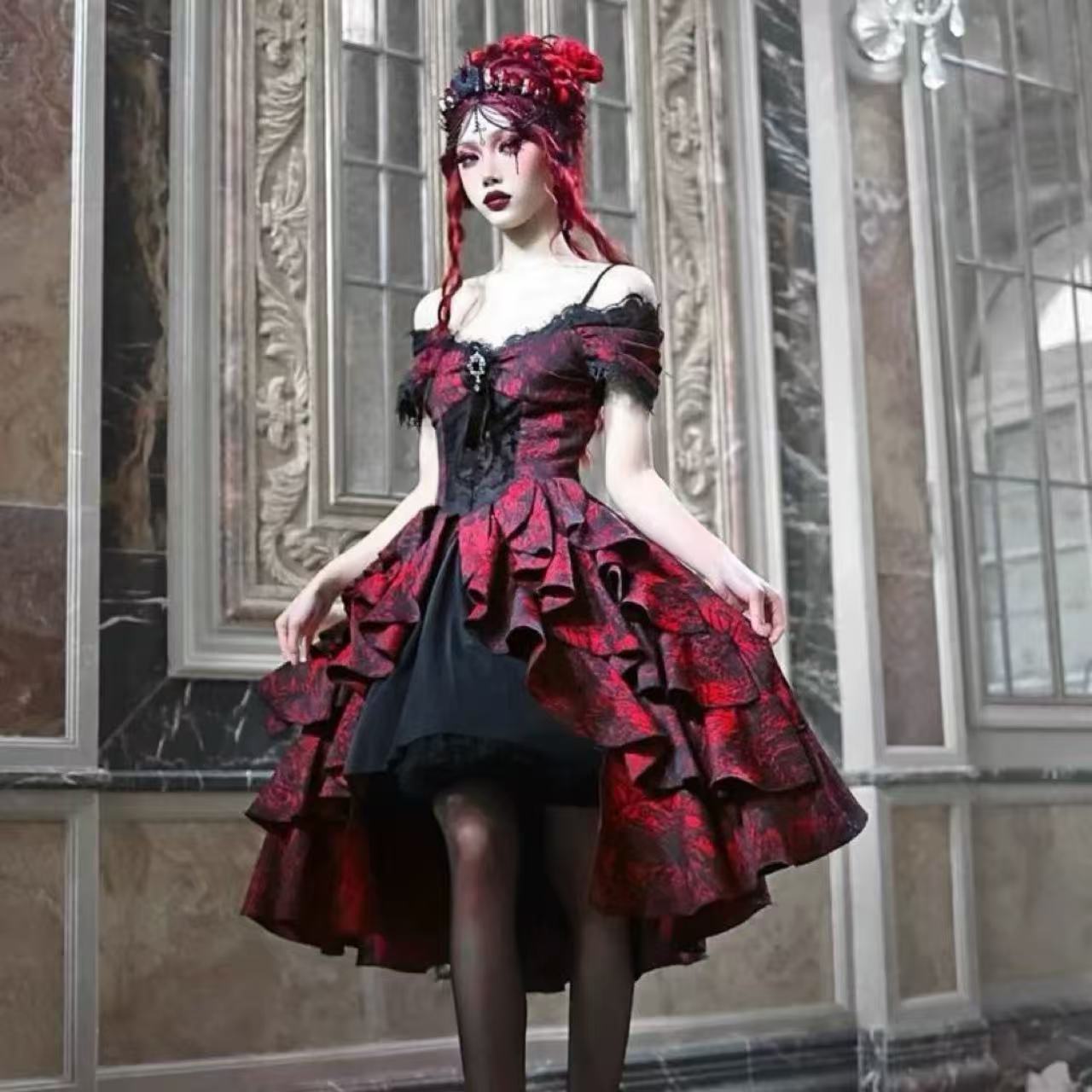 ゴスロリ ワインレッド・ヘビープリンセスドレス