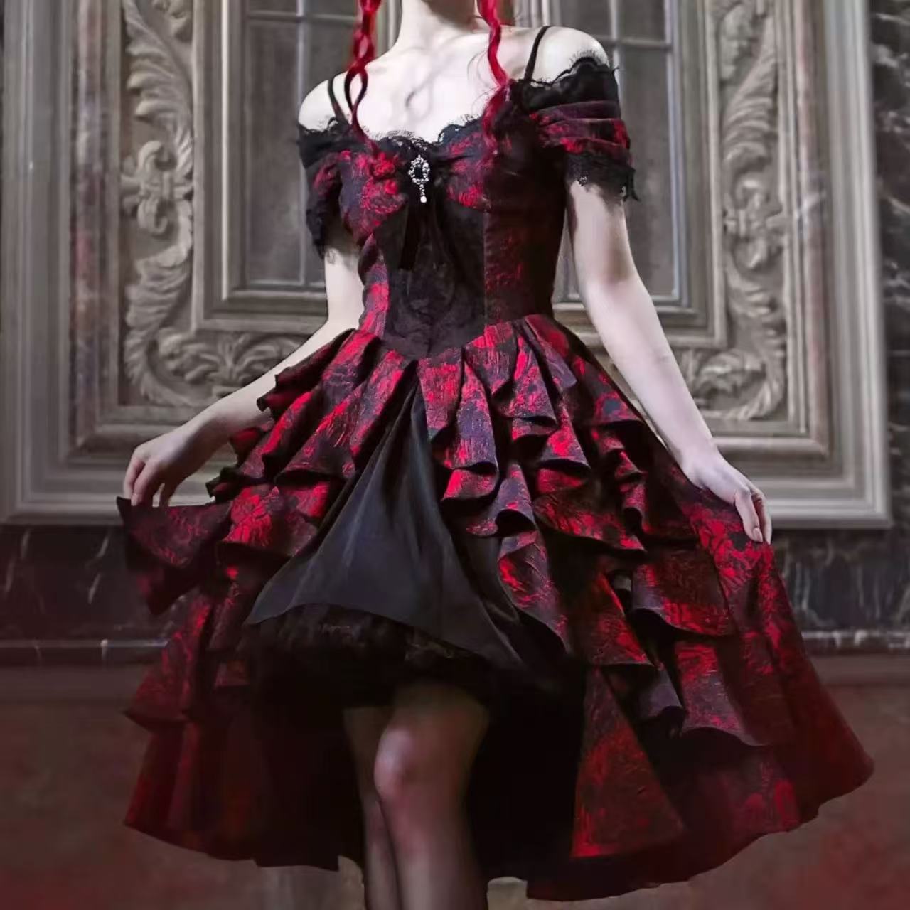 ゴスロリ ワインレッド・ヘビープリンセスドレス