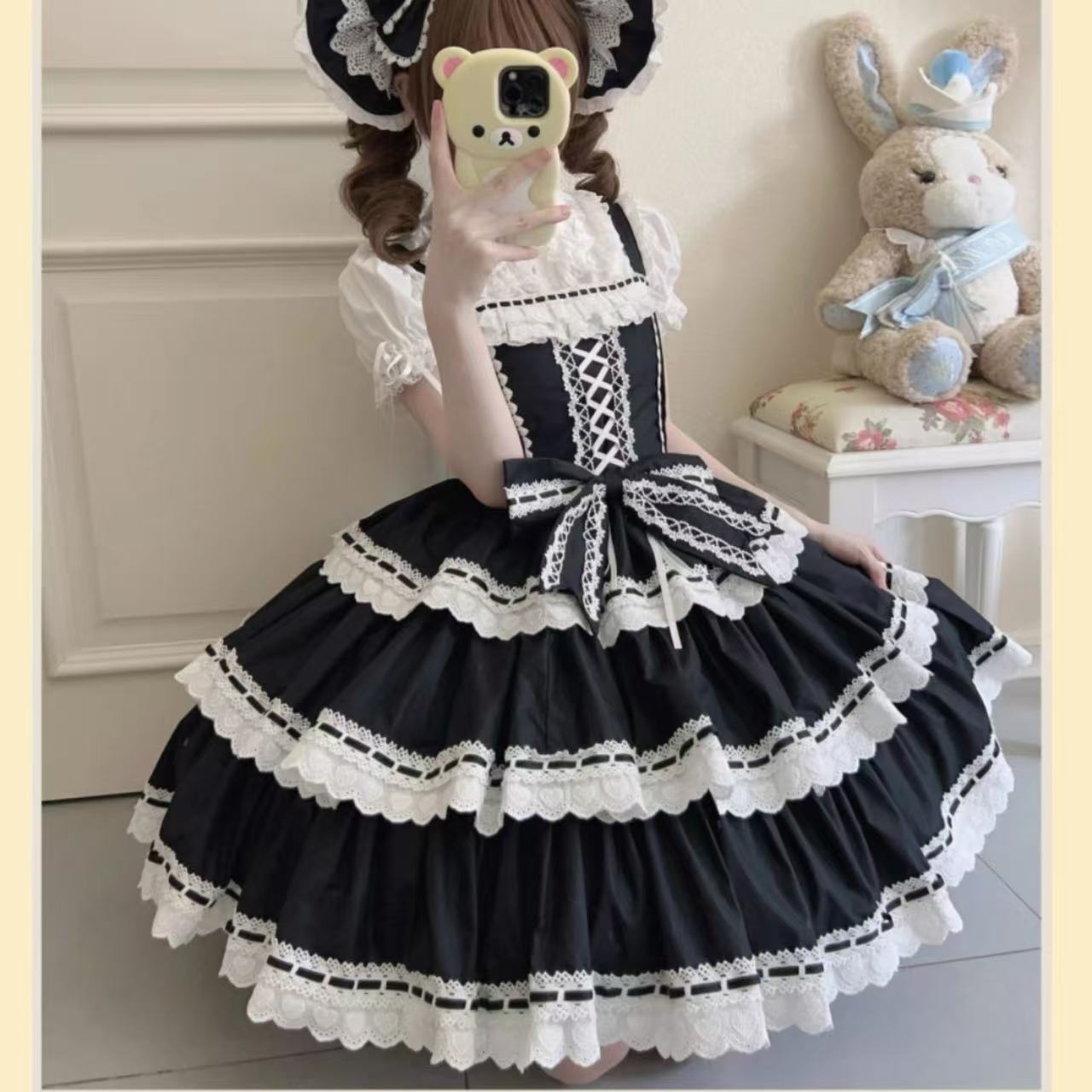 甘ロリータ ハートドール風3段レースサスペンダードレス