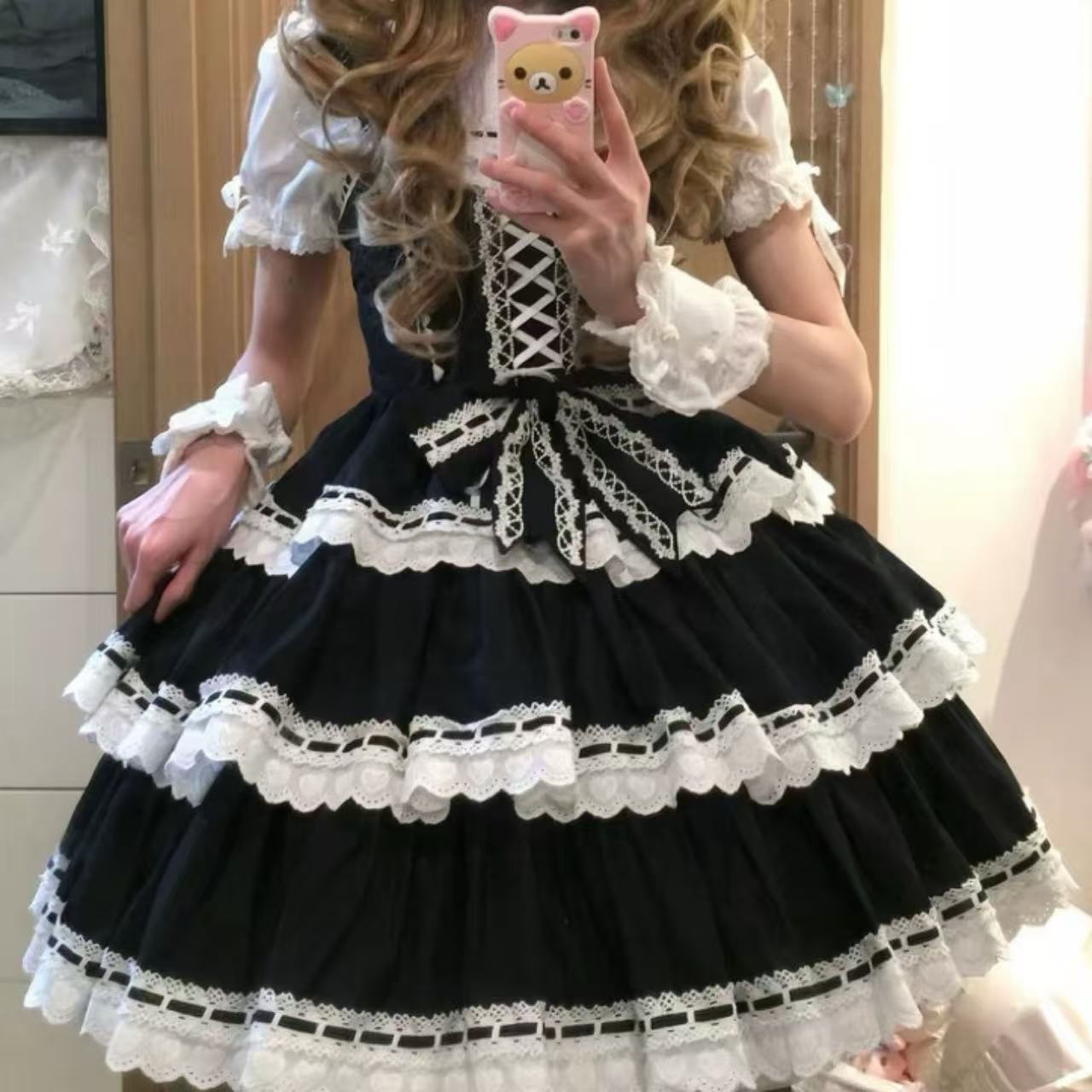 甘ロリータ ハートドール風3段レースサスペンダードレス