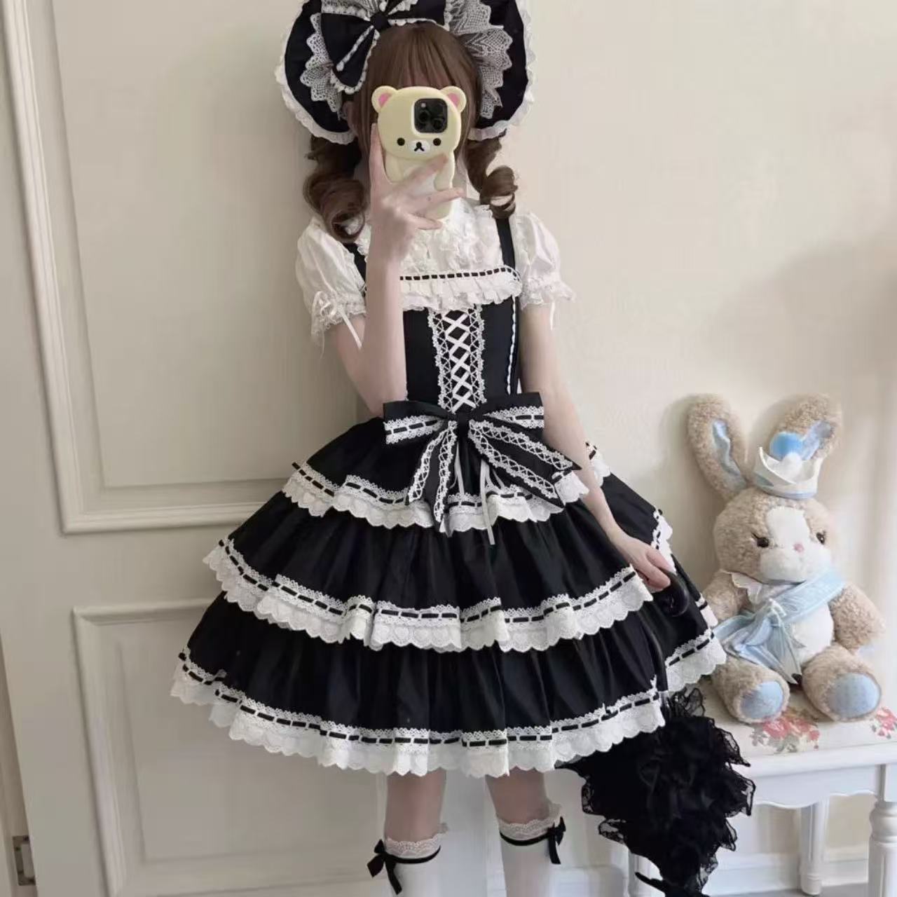 甘ロリータ ハートドール風3段レースサスペンダードレス
