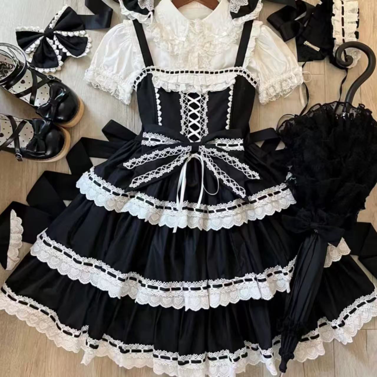 甘ロリータ ハートドール風3段レースサスペンダードレス