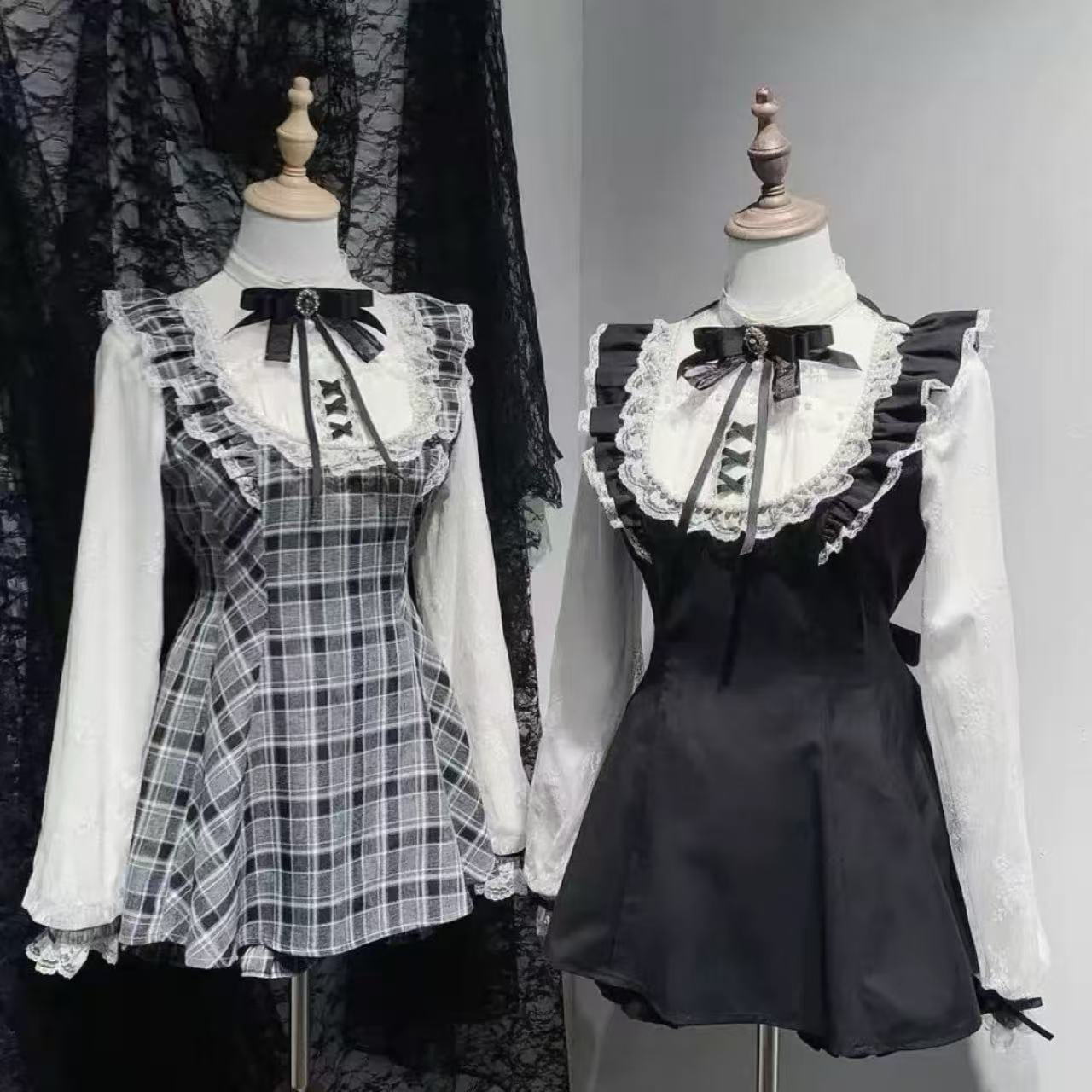 甘ロリータ レースパールリボン長袖ワンピース