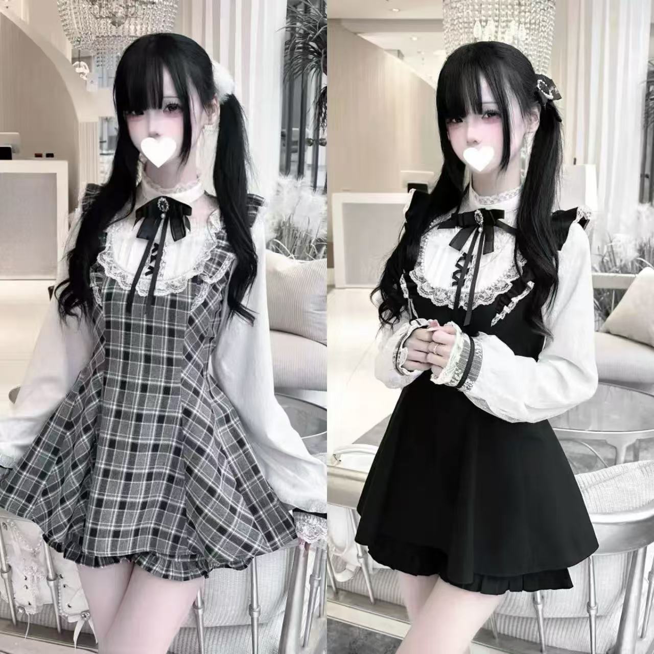 甘ロリータ レースパールリボン長袖ワンピース