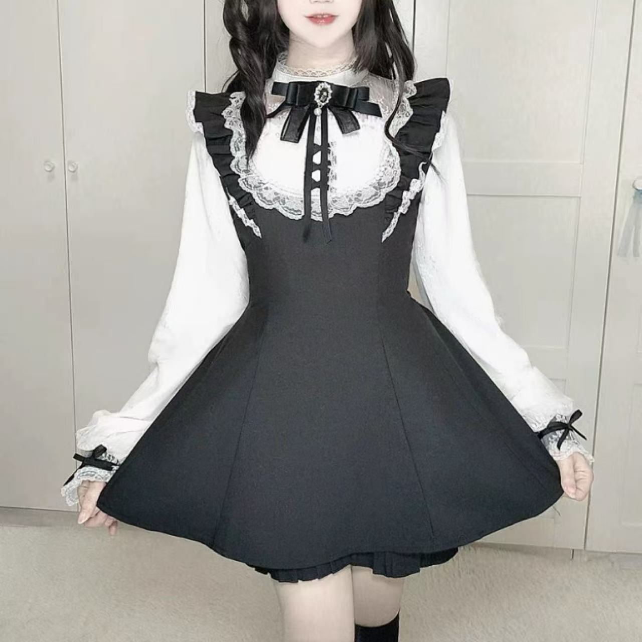 甘ロリータ レースパールリボン長袖ワンピース