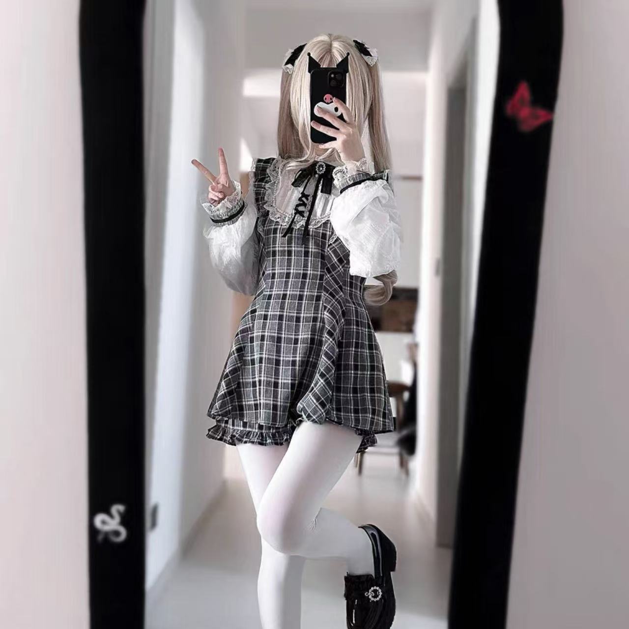 甘ロリータ レースパールリボン長袖ワンピース