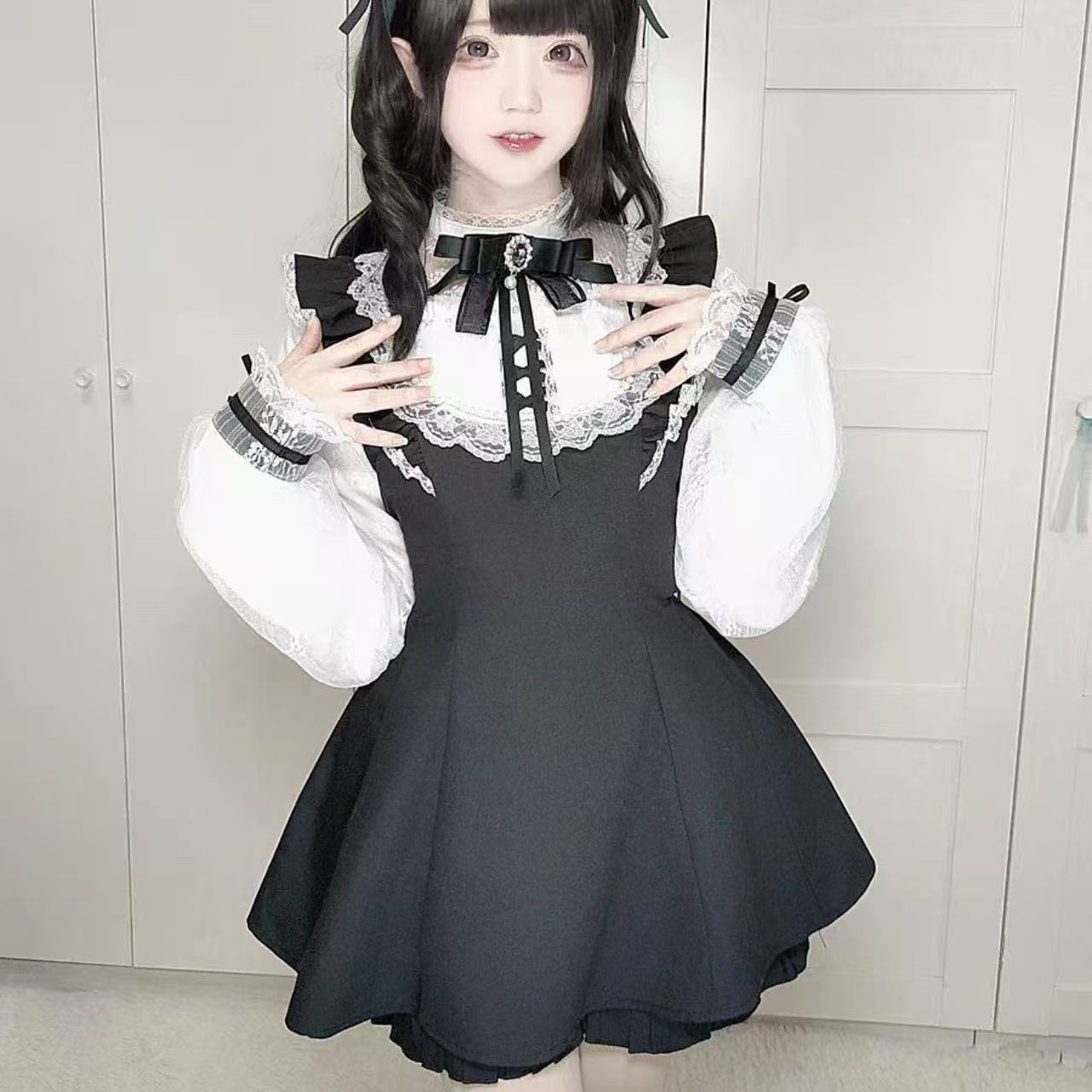 甘ロリータ レースパールリボン長袖ワンピース