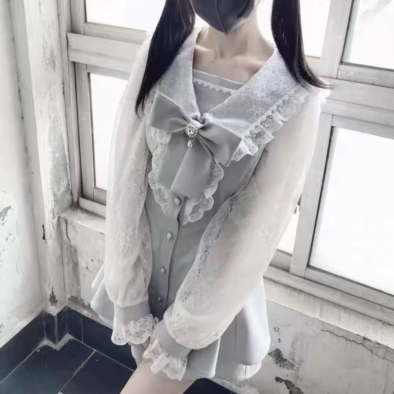 甘ロリータ ネイビーレースメッシュ・リボンドレスセット