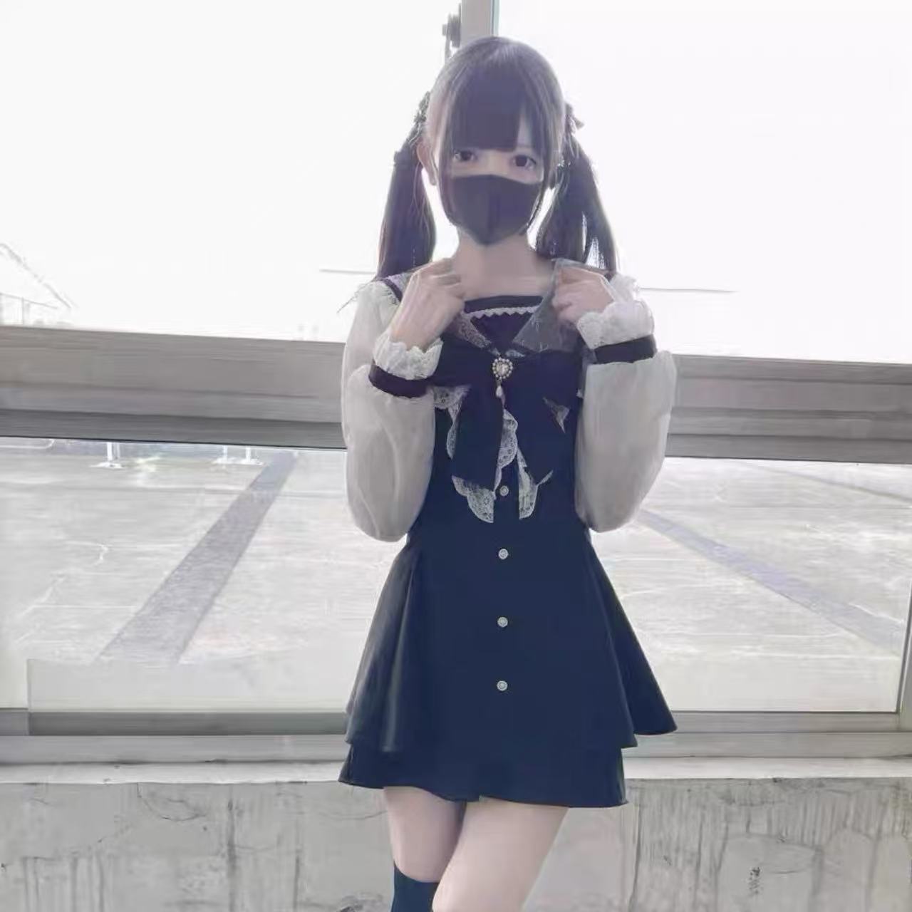 甘ロリータ ネイビーレースメッシュ・リボンドレスセット