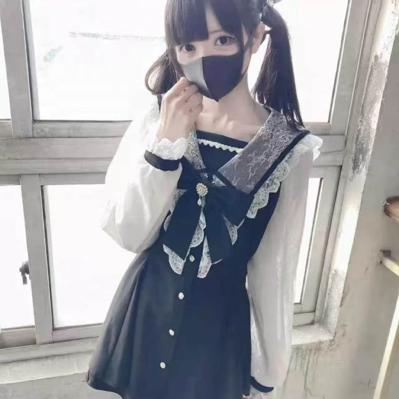 甘ロリータ ネイビーレースメッシュ・リボンドレスセット