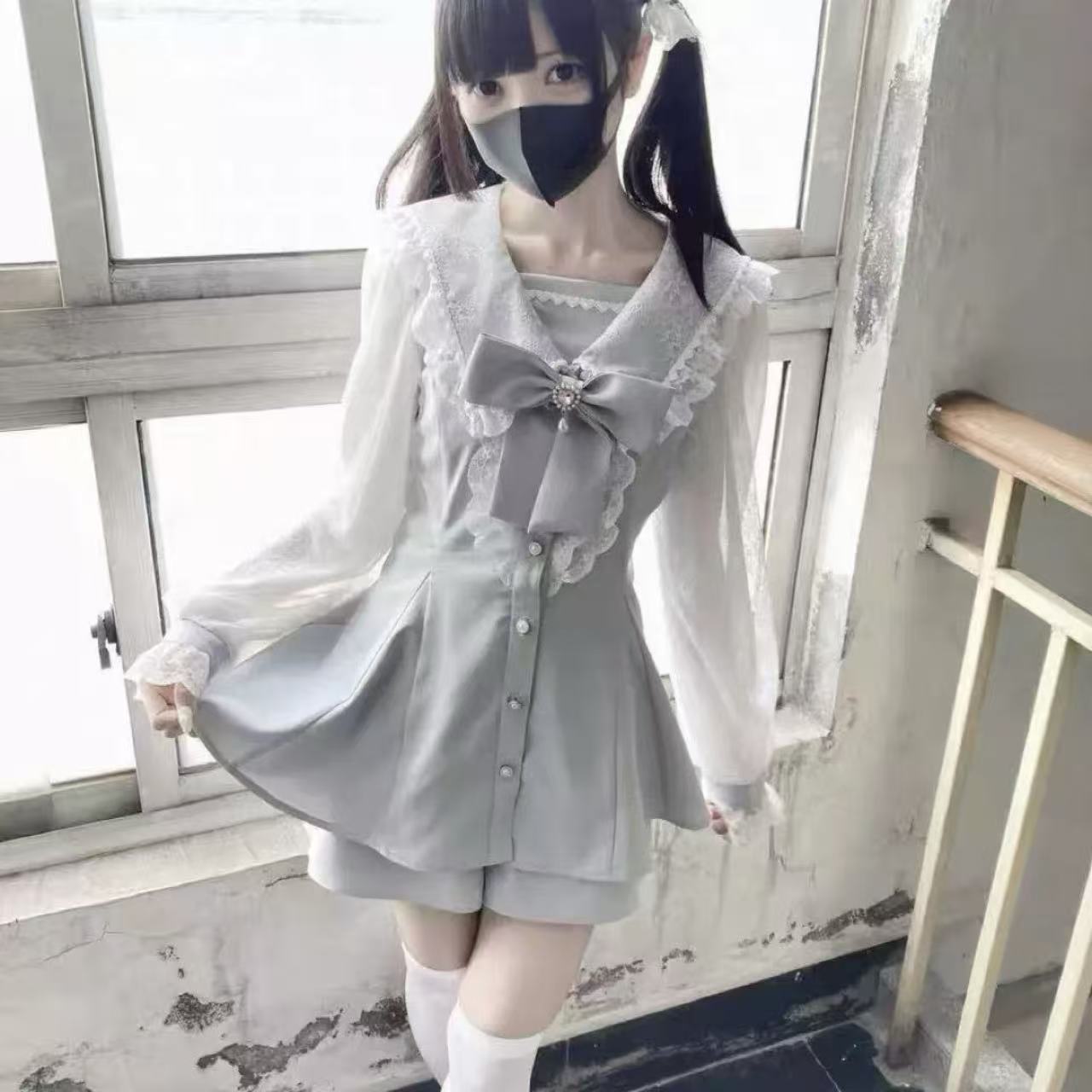 甘ロリータ ネイビーレースメッシュ・リボンドレスセット