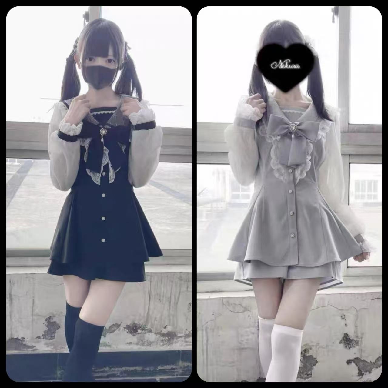 甘ロリータ ネイビーレースメッシュ・リボンドレスセット