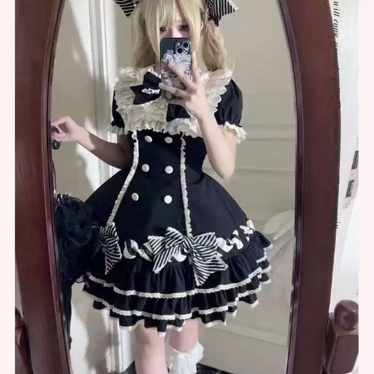 甘ロリータ レトロ黒ピンクストライプ・ティアードワンピース