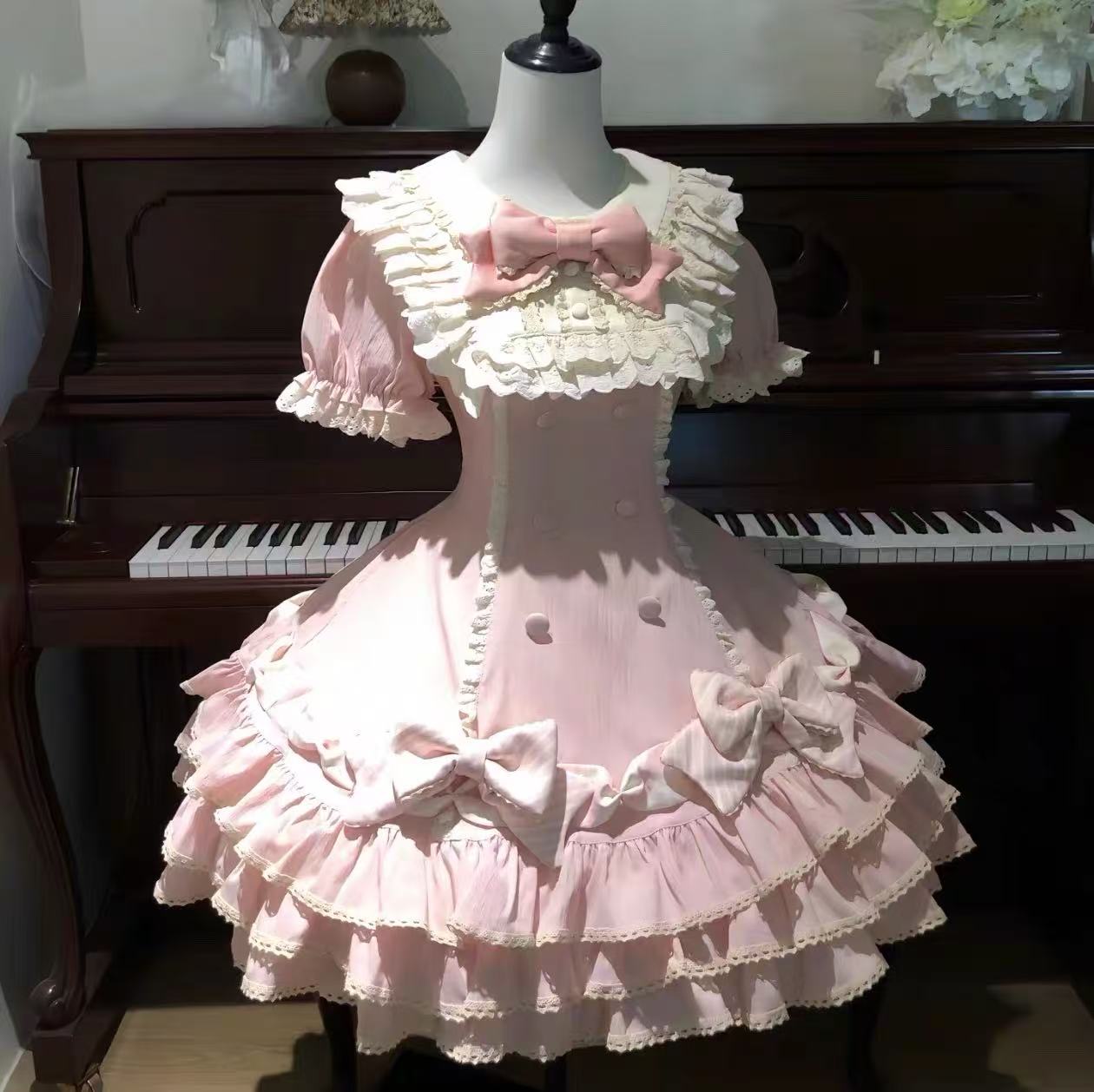 甘ロリータ レトロ黒ピンクストライプ・ティアードワンピース