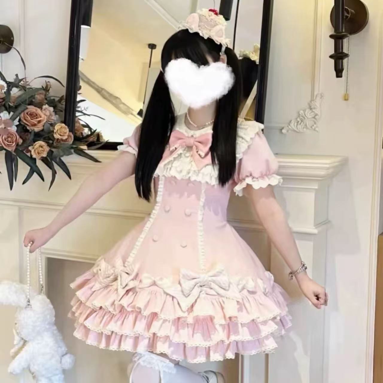 甘ロリータ レトロ黒ピンクストライプ・ティアードワンピース