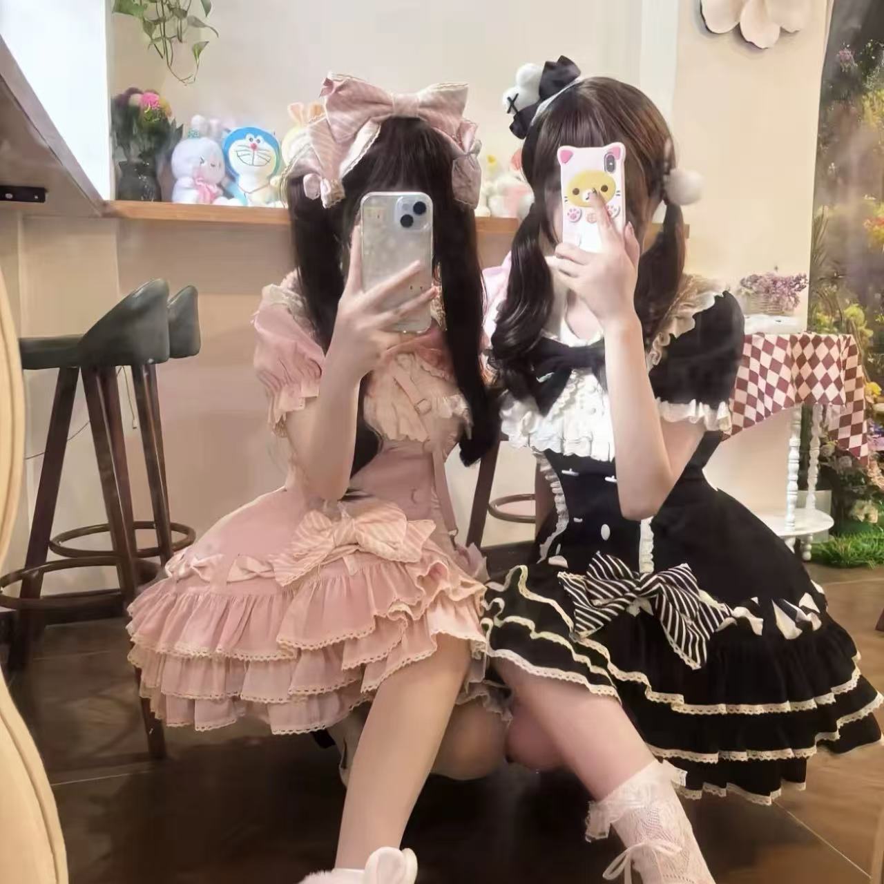 甘ロリータ レトロ黒ピンクストライプ・ティアードワンピース