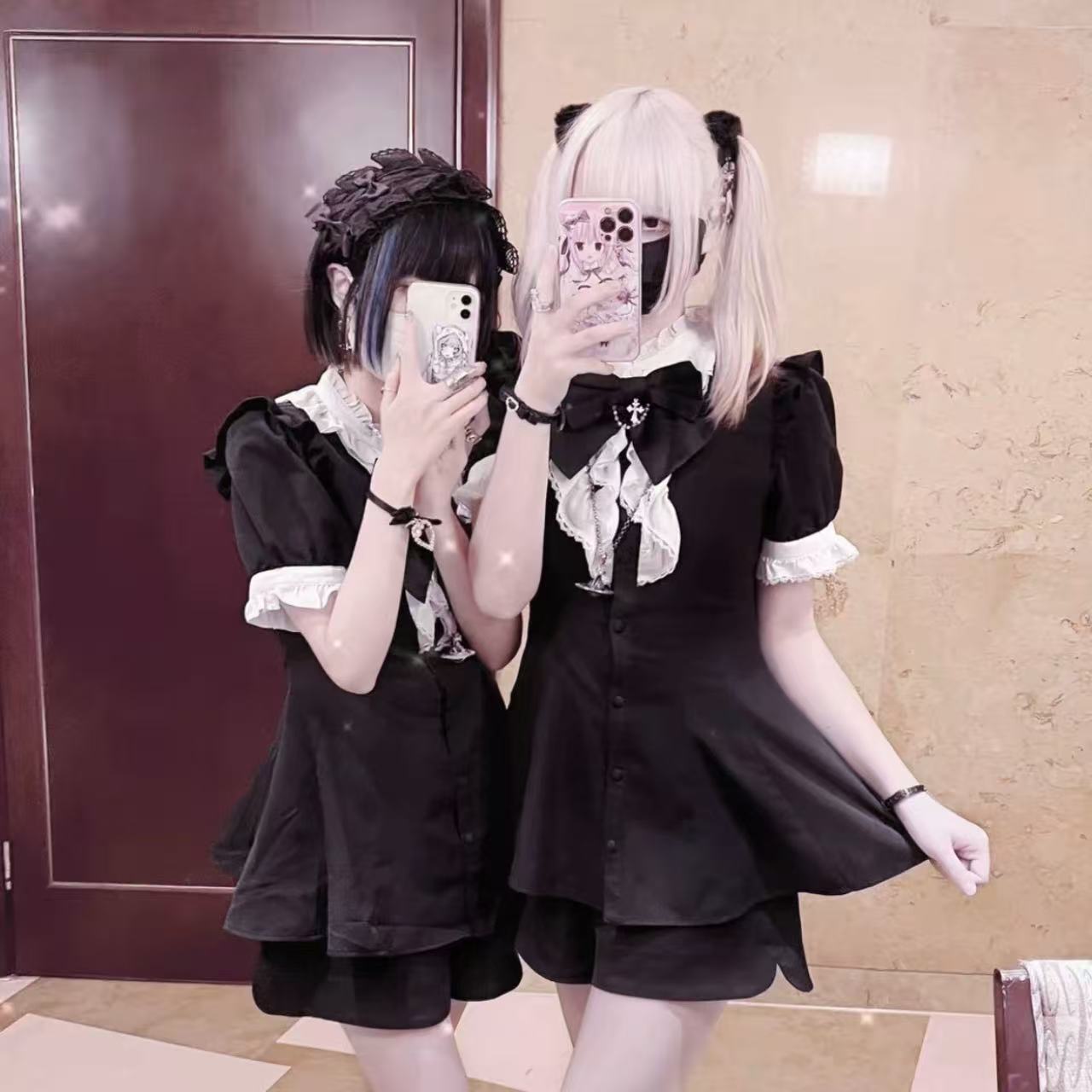 セーラーカラー レース チェック柄 リボン トップス＆ショートパンツ セットアップ 【セーラーカラー】