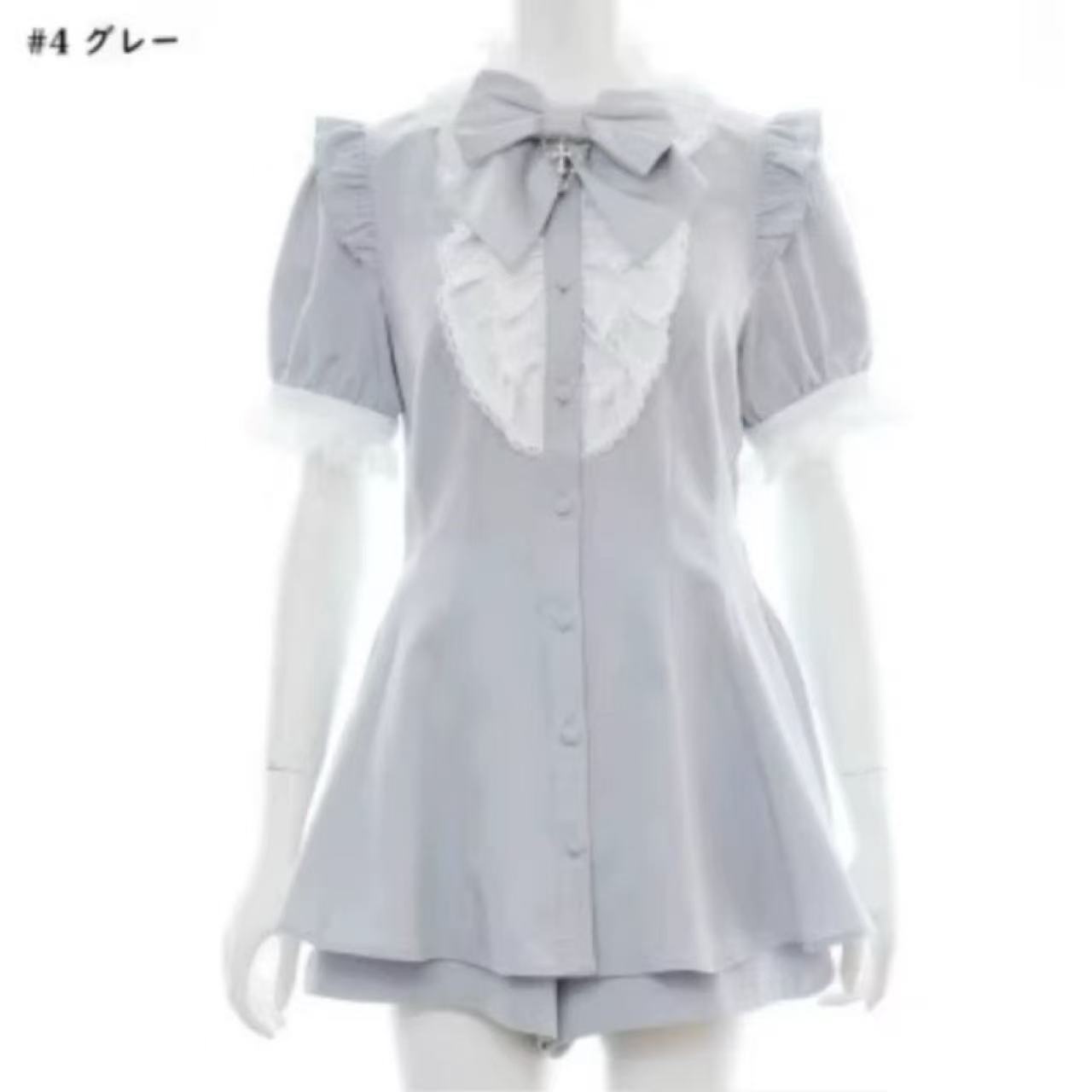 セーラーカラー レース チェック柄 リボン トップス＆ショートパンツ セットアップ 【セーラーカラー】