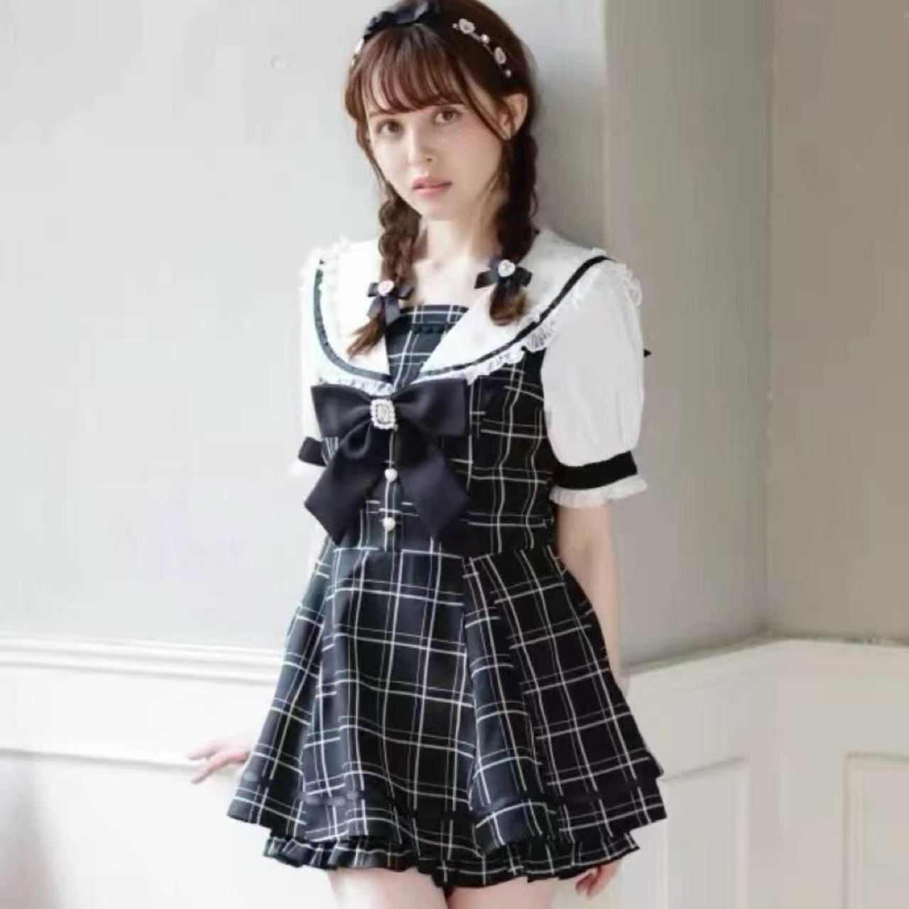 セーラーカラー レース チェック柄 リボン トップス＆ショートパンツ セットアップ 【セーラーカラー】