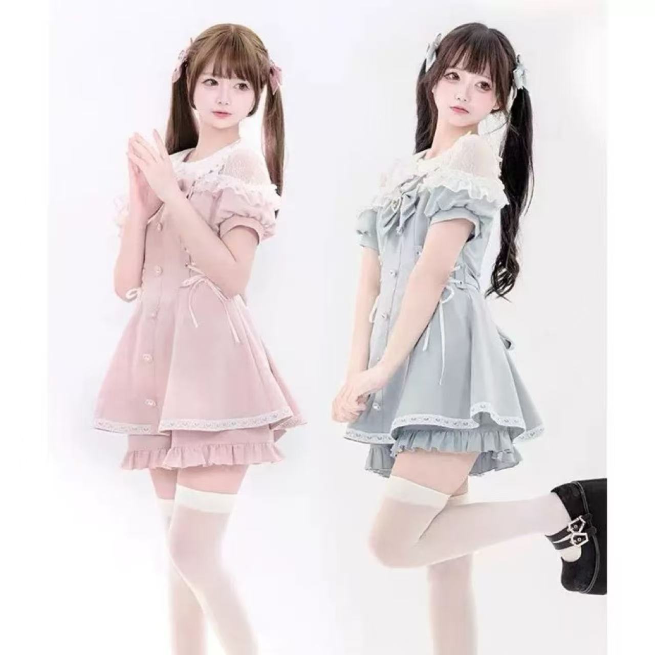 甘ロリータ 和風レース半袖セットアップ