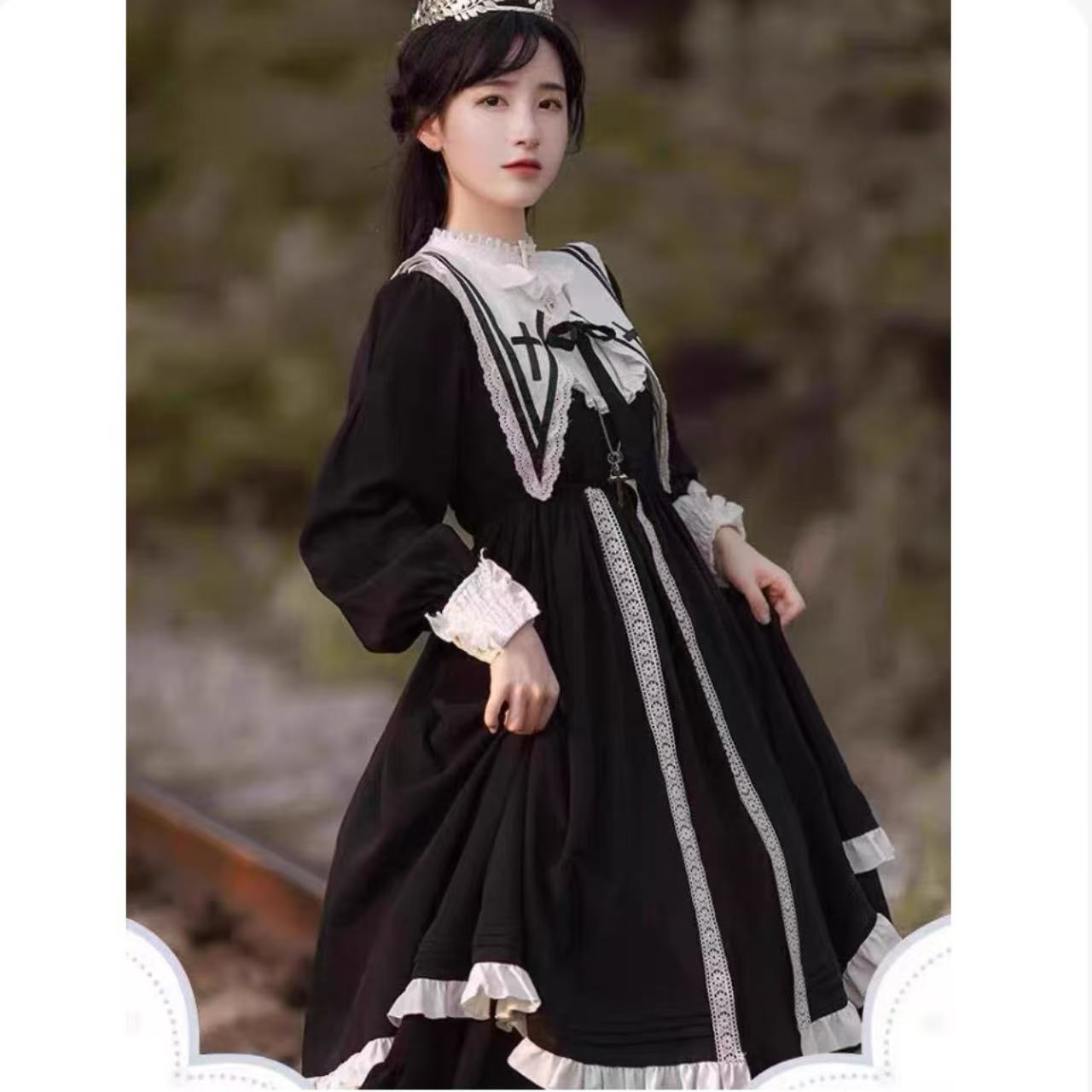 ゴスロリ ダークロリータ・フェイクカラー長袖ドレス