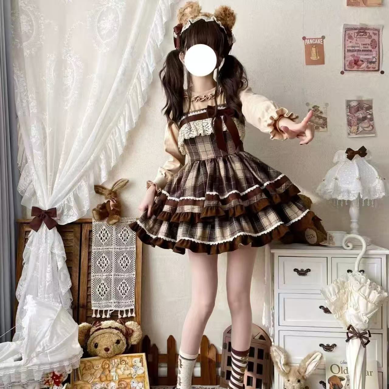 キャラメルココア秋冬ウールリボンロリータデイリーガーリッシュカーキチェック柄ツーステージドレス 【ロリータ】
