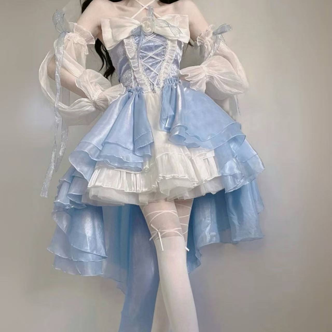 【ロリータ】プリンセスマーメイドドレス スリムフィット、トレーリングパフスリーブ、ワンショルダーオフショルダードレスOP