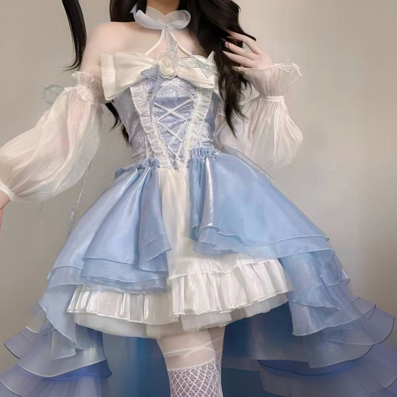 【ロリータ】プリンセスマーメイドドレス スリムフィット、トレーリングパフスリーブ、ワンショルダーオフショルダードレスOP