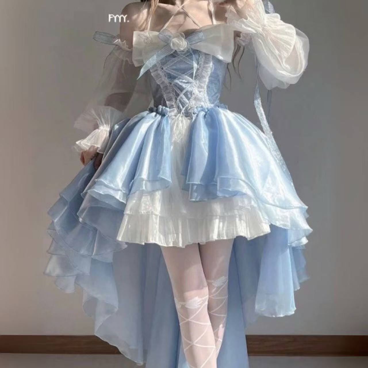 【ロリータ】プリンセスマーメイドドレス スリムフィット、トレーリングパフスリーブ、ワンショルダーオフショルダードレスOP