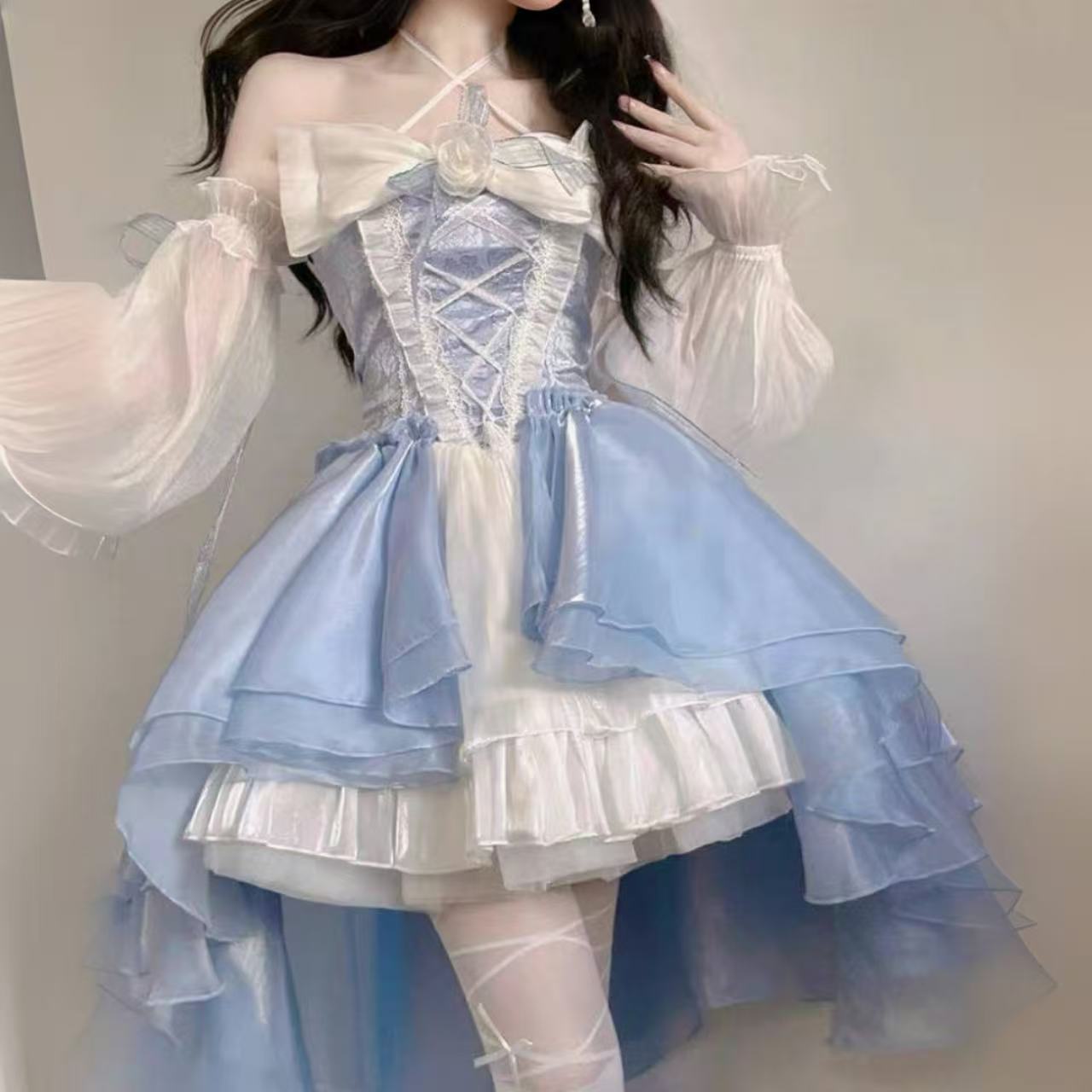 【ロリータ】プリンセスマーメイドドレス スリムフィット、トレーリングパフスリーブ、ワンショルダーオフショルダードレスOP