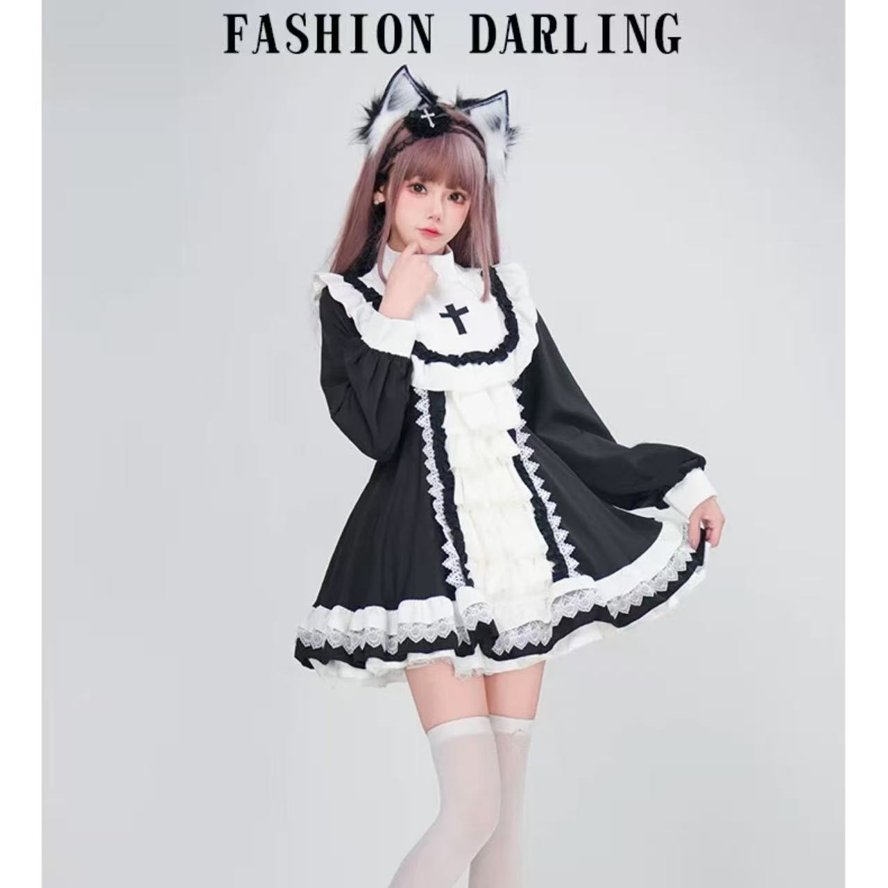 ゴスロリ ハロウィン魔女・クロス刺繍長袖ドレス