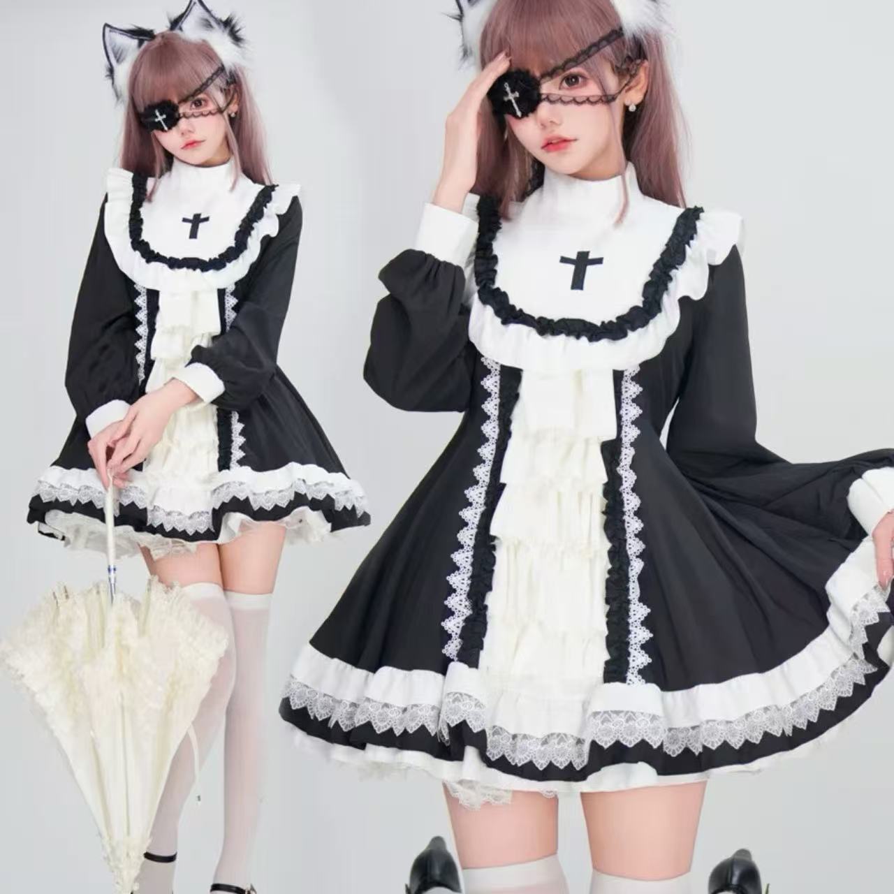 ゴスロリ ハロウィン魔女・クロス刺繍長袖ドレス