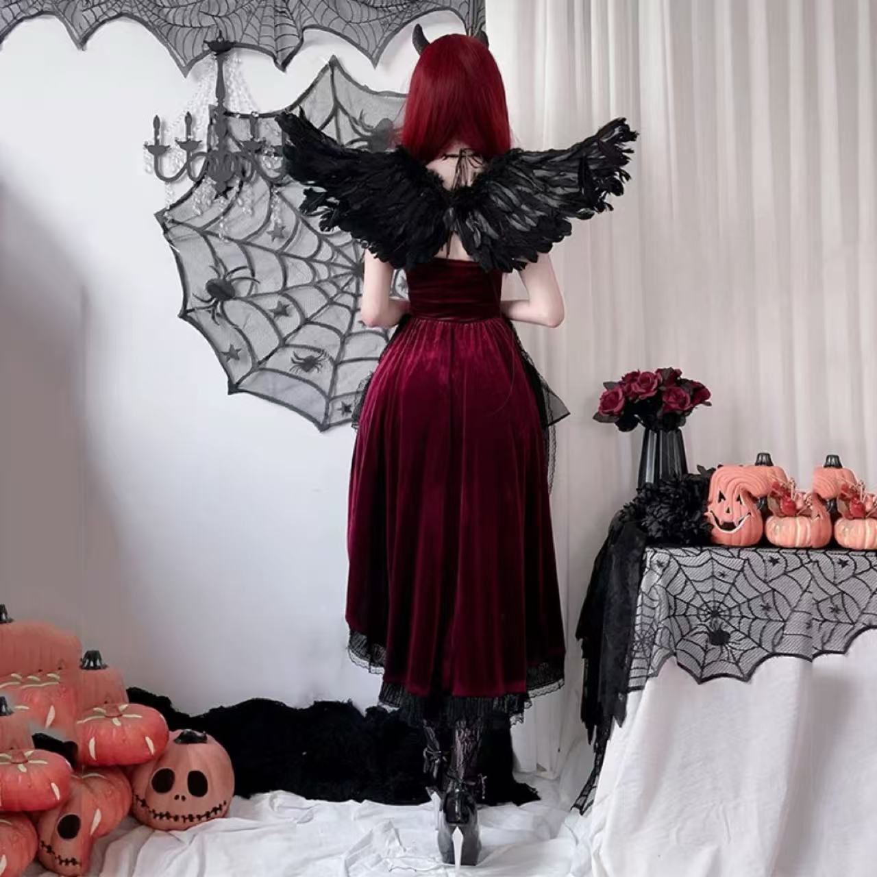 ゴスロリ ハロウィン小悪魔・レースクロストレーリングドレス