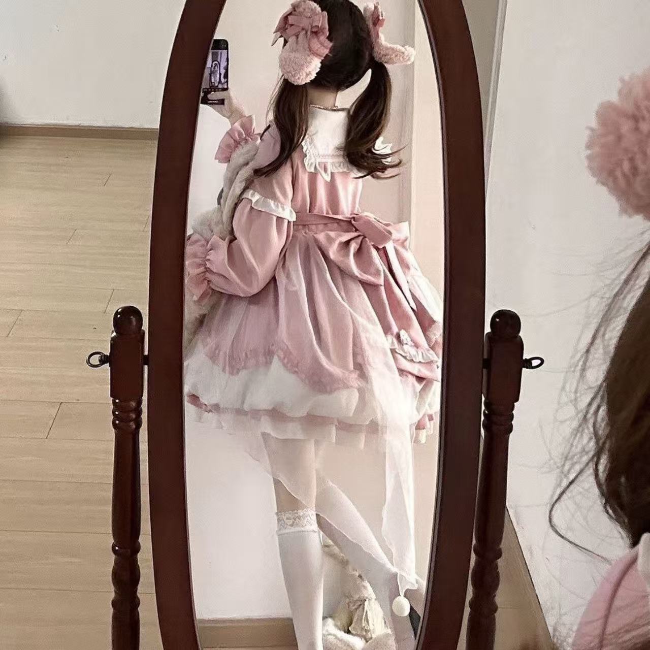 甘ロリータ テール付きネイビーガールズ長袖ドレス