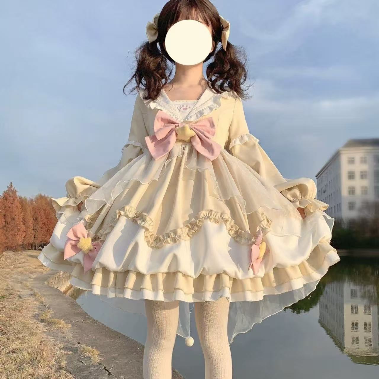 甘ロリータ テール付きネイビーガールズ長袖ドレス