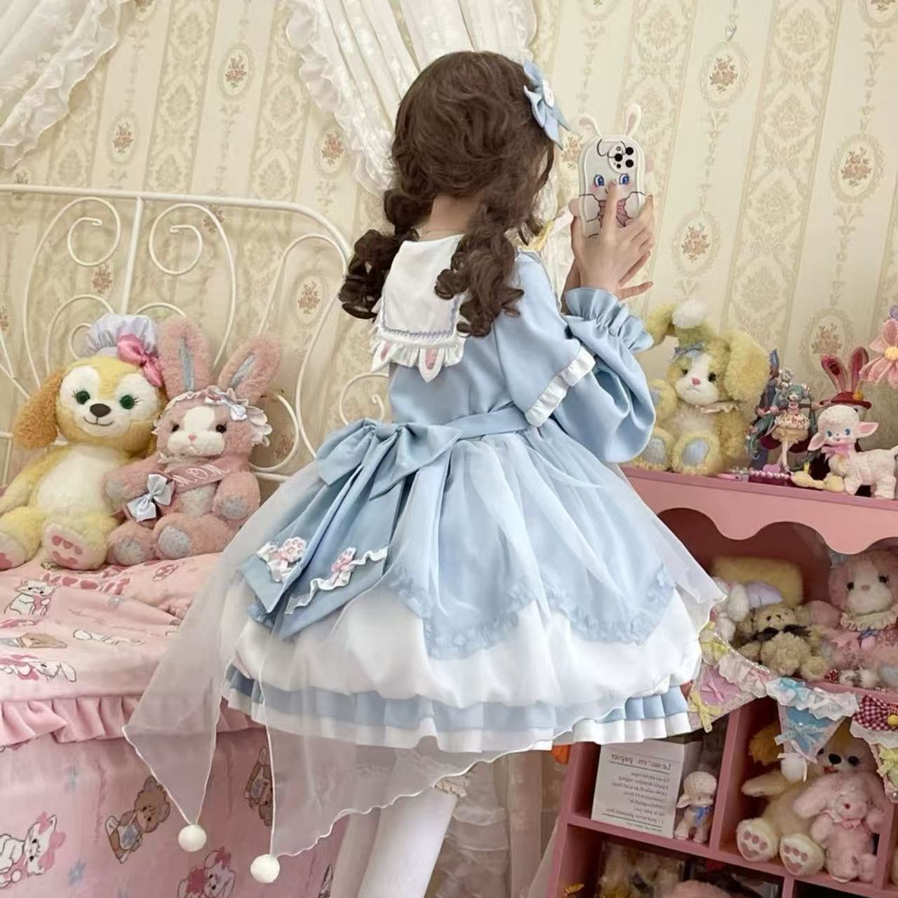 甘ロリータ テール付きネイビーガールズ長袖ドレス