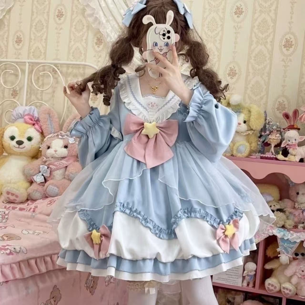 甘ロリータ テール付きネイビーガールズ長袖ドレス