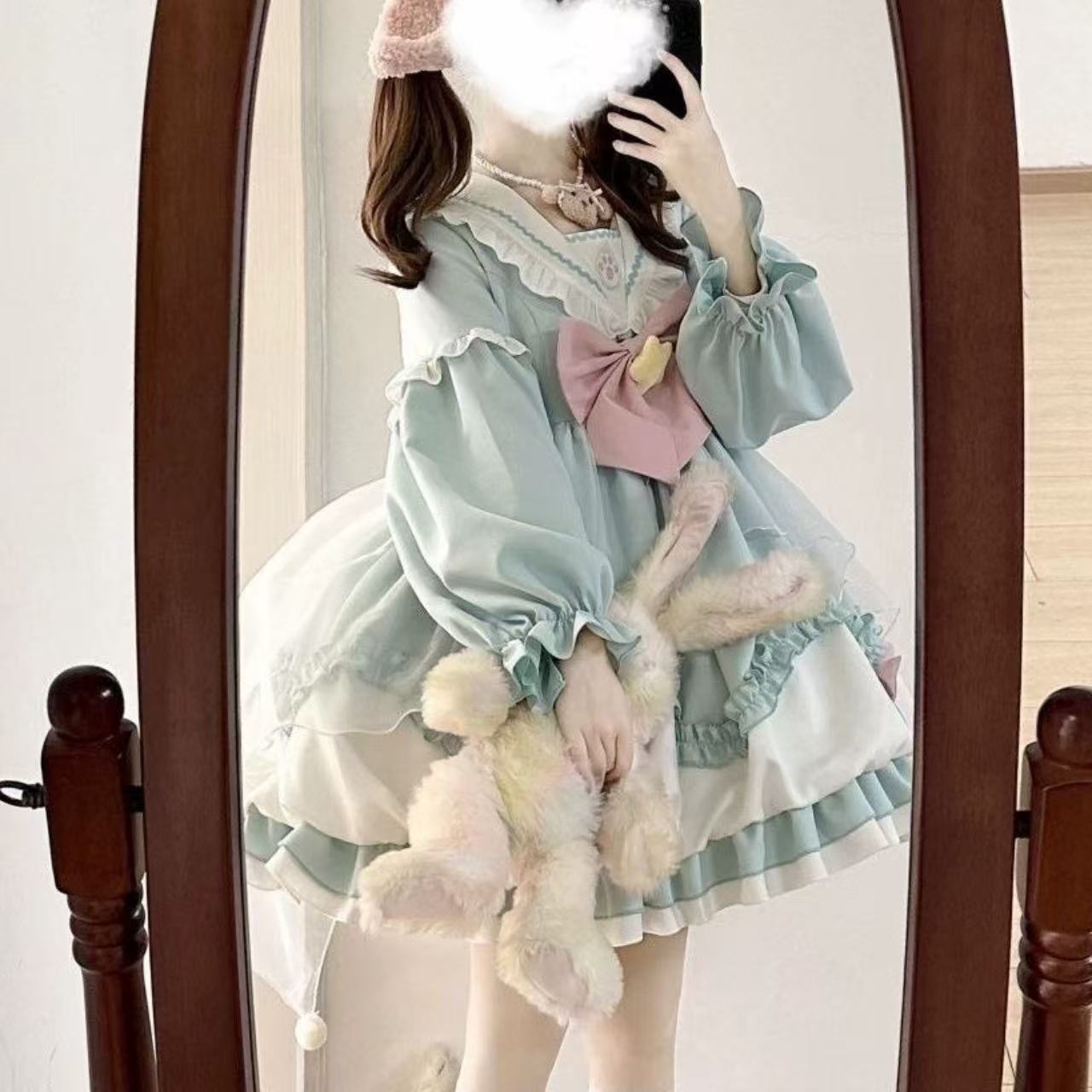 甘ロリータ テール付きネイビーガールズ長袖ドレス