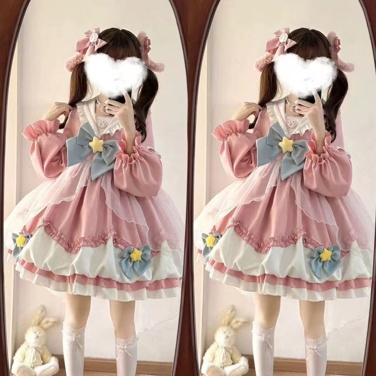 甘ロリータ テール付きネイビーガールズ長袖ドレス