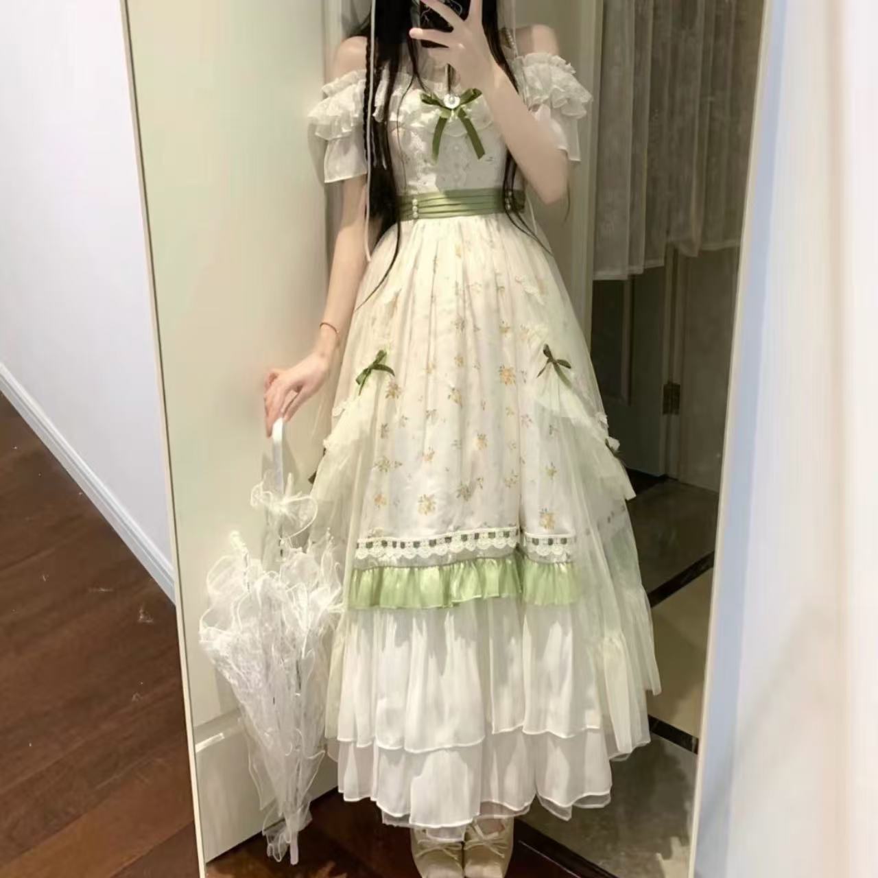 甘ロリータ 華やか花柄クラシカル・シフォンロングドレス