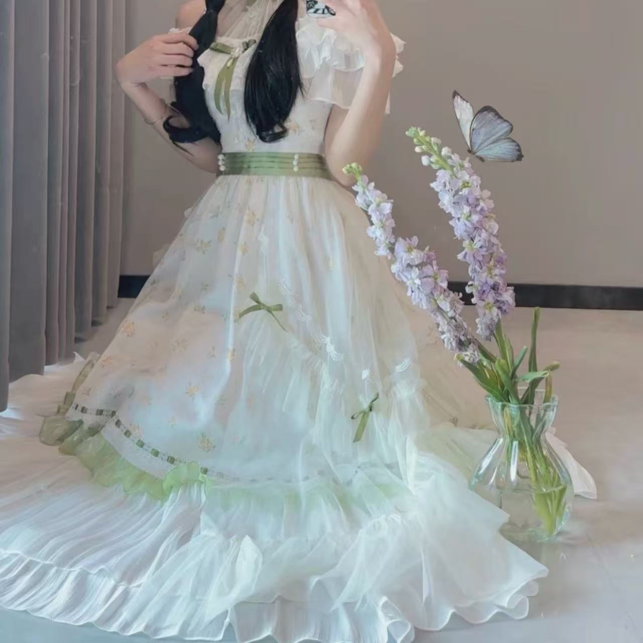 甘ロリータ 華やか花柄クラシカル・シフォンロングドレス