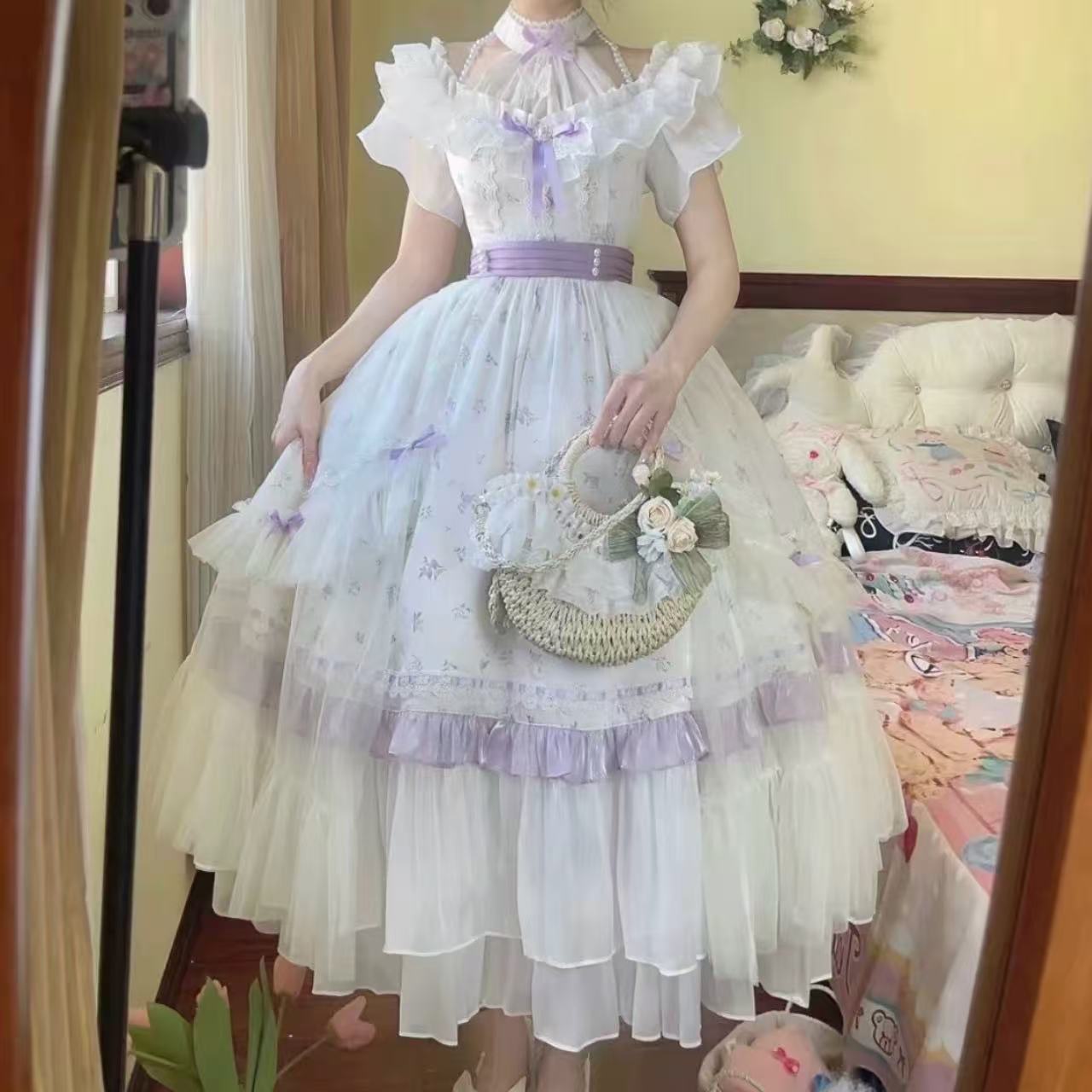 甘ロリータ 華やか花柄クラシカル・シフォンロングドレス