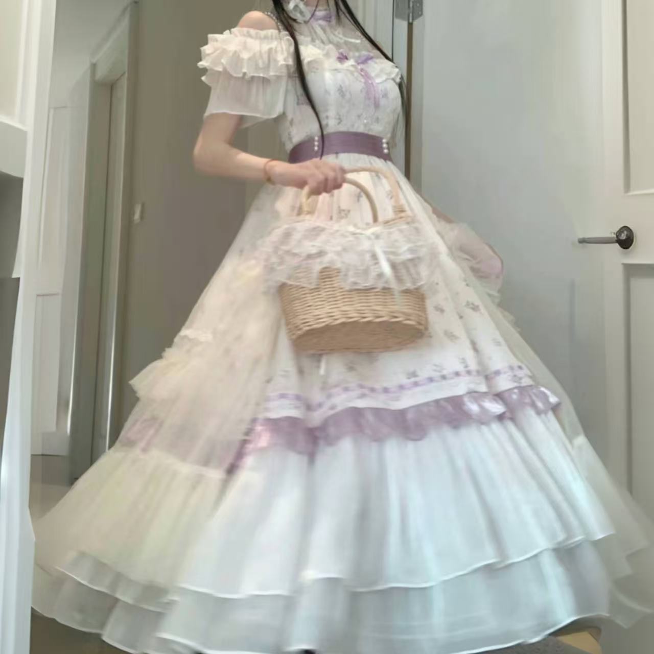 甘ロリータ 華やか花柄クラシカル・シフォンロングドレス