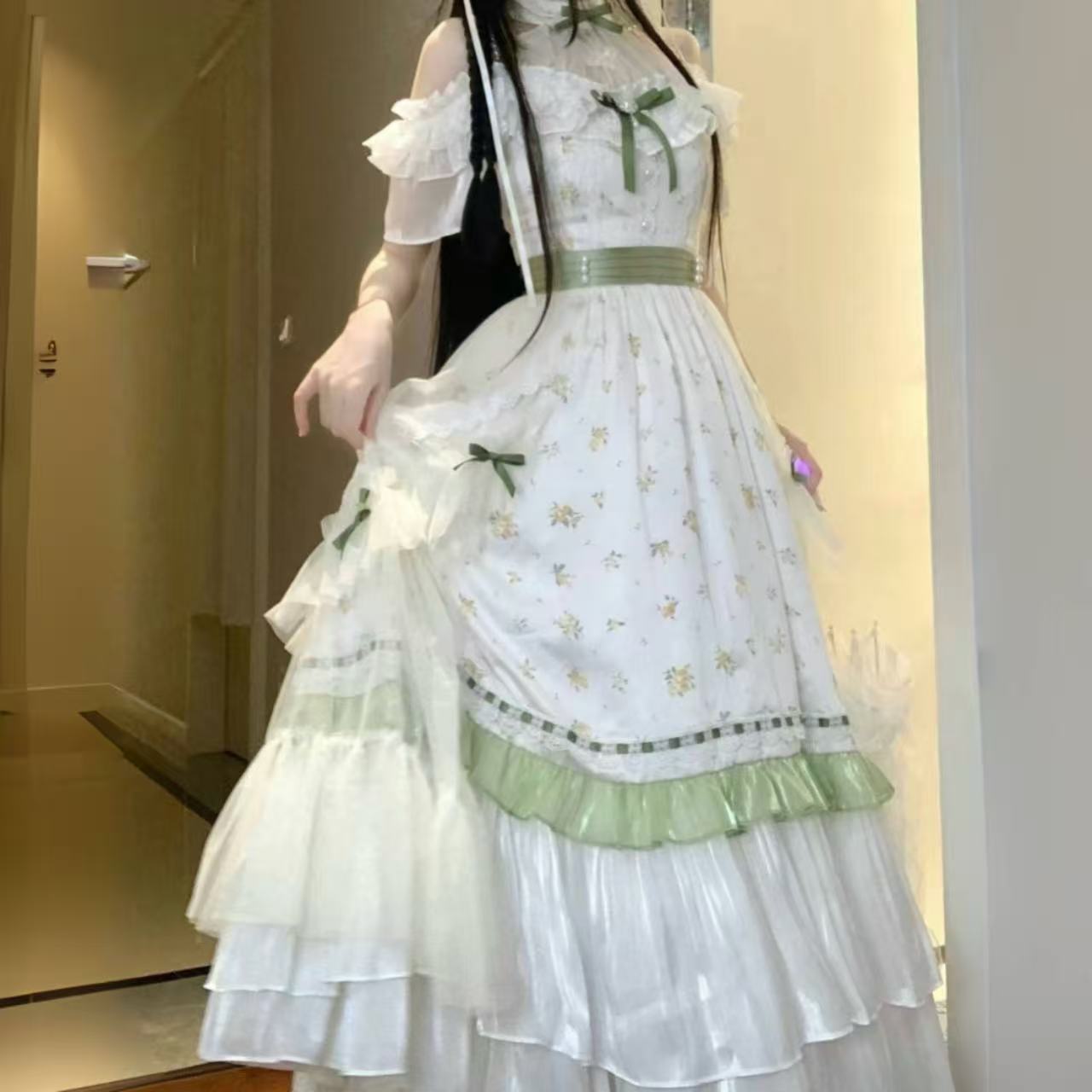 甘ロリータ 華やか花柄クラシカル・シフォンロングドレス