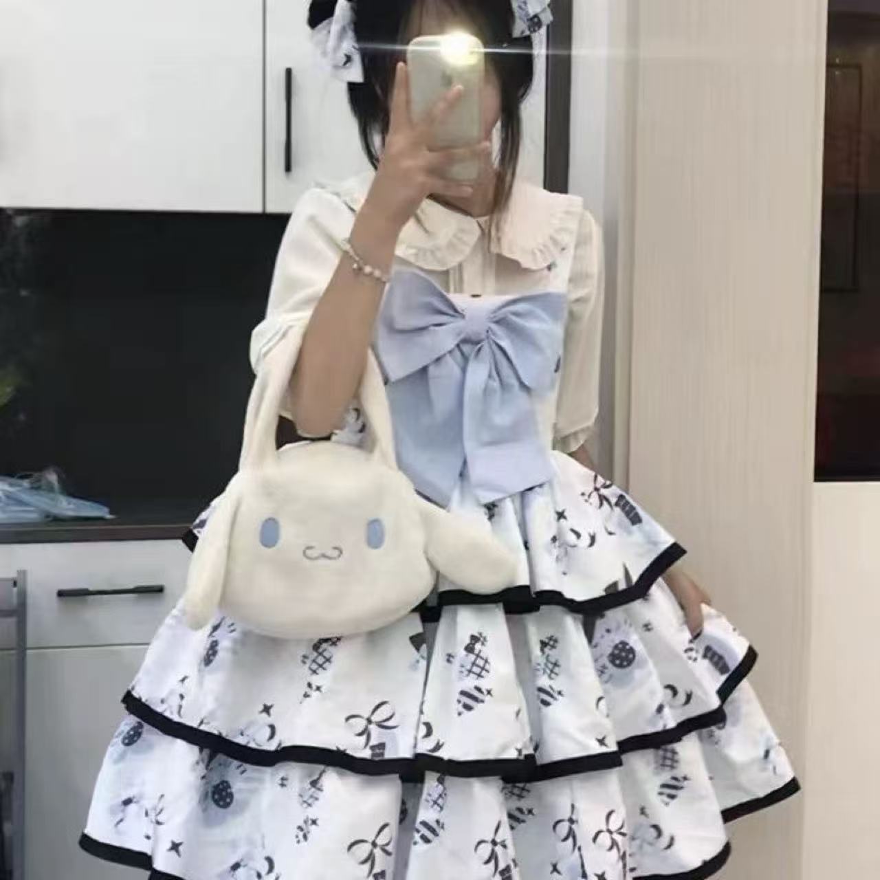 甘ロリータ 人形襟シャツ&ペンギン猫プリントサスペンダースカート